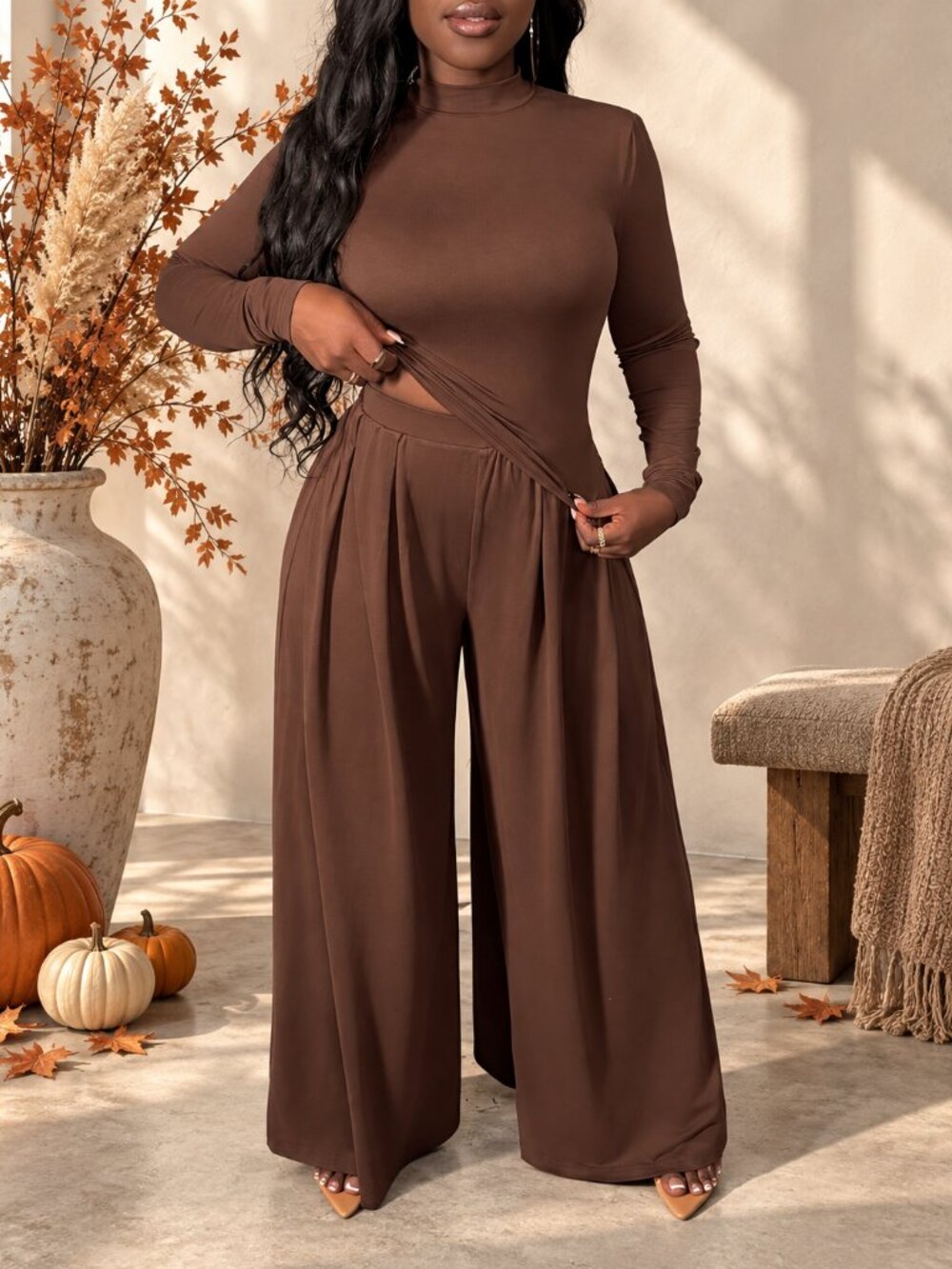 Coffee Brown Wide Leg Pants Set Size Large